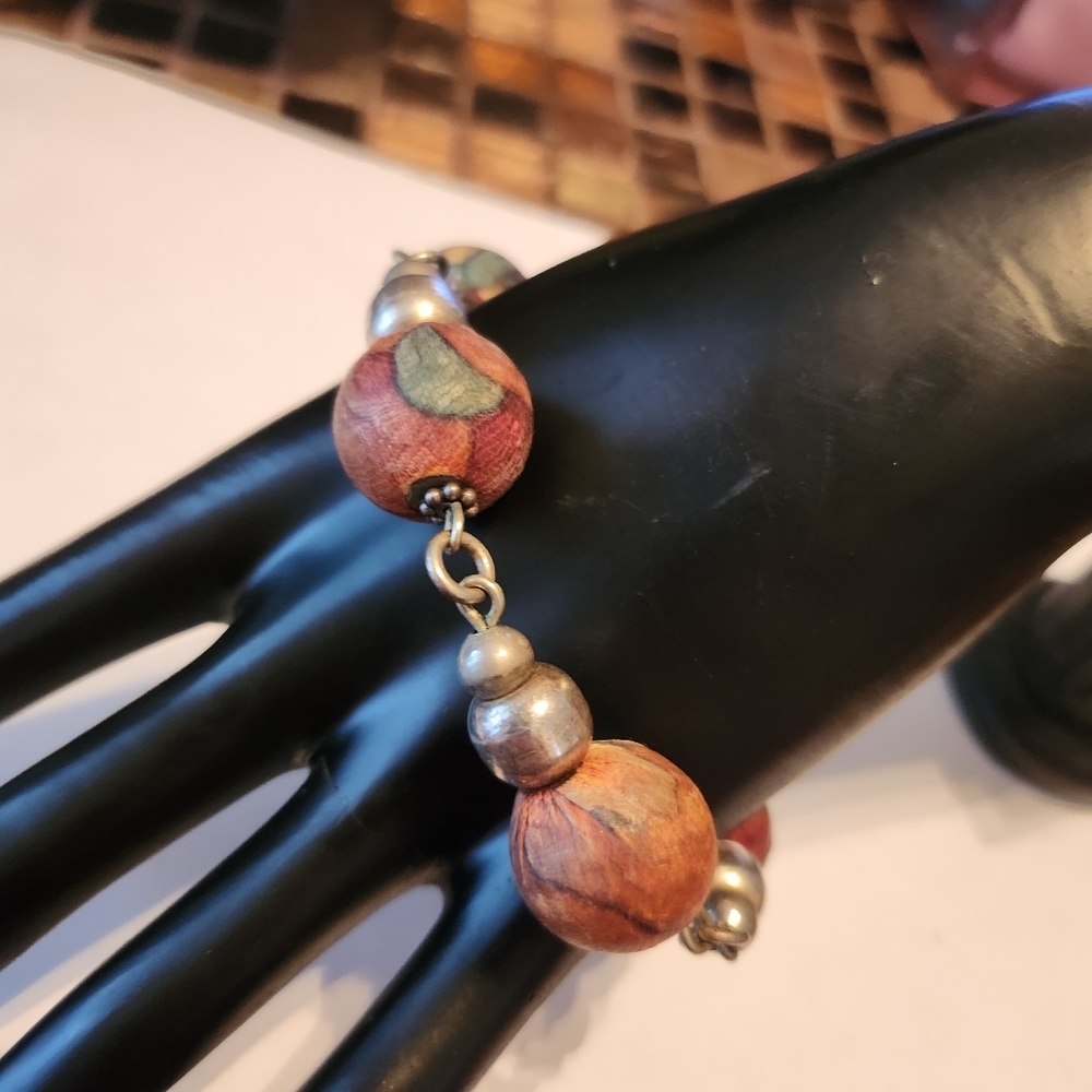 Sterling silver bracelet with wood beads